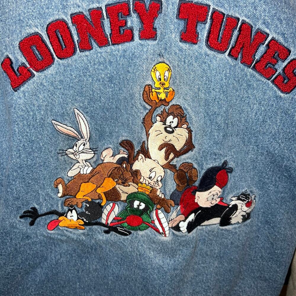 Vintage 90s Looney Tunes Vintage Denim Varisity jacket embroidered size large - Picture 4 of 14